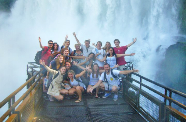 Argentina student group at waterfall