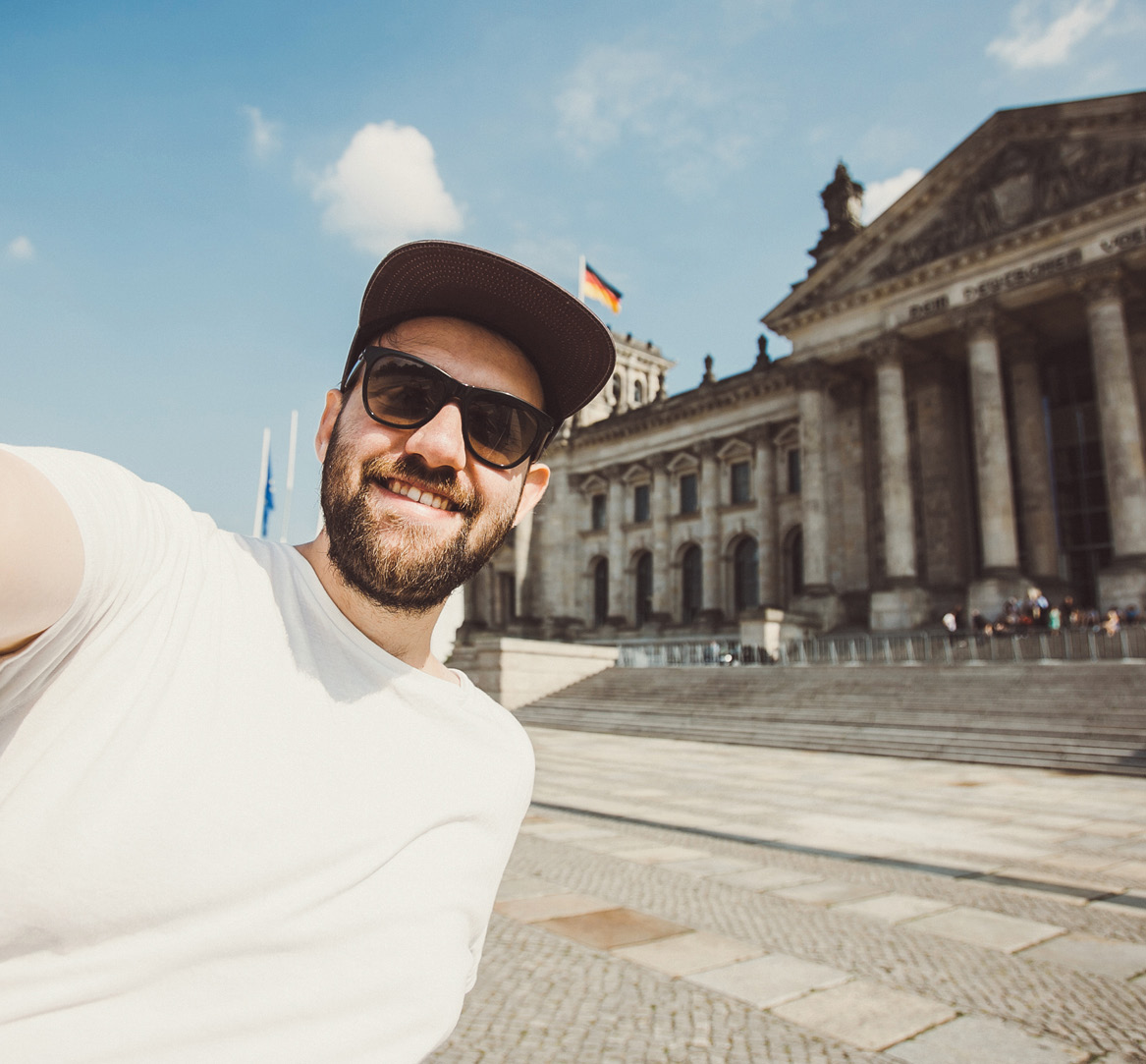 A student takes a selfie in Berlin, Germany.