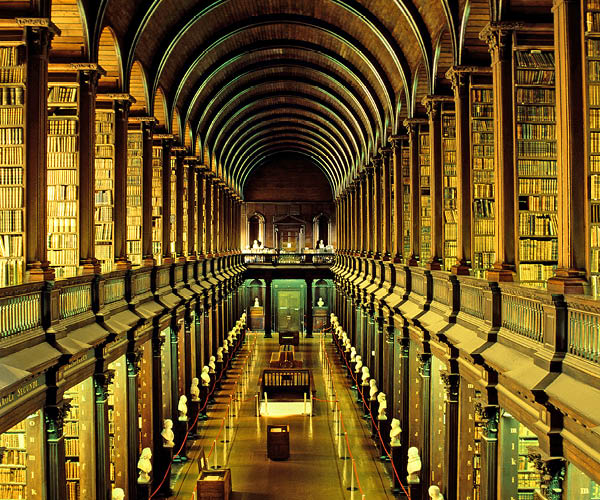 Iconic view of the interior of the Trinity College library.