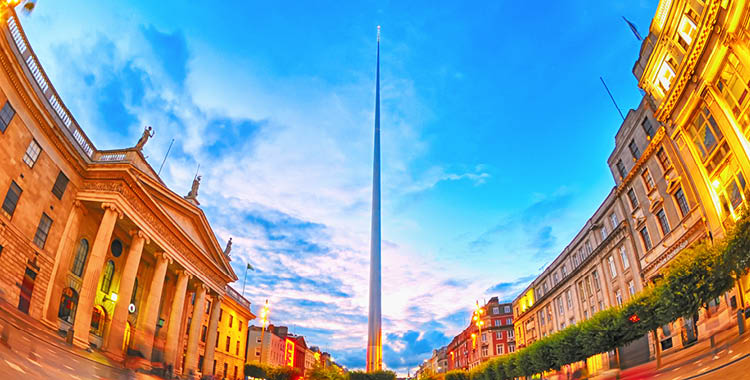 The Spire in Dublin, Ireland, viewed through a fish-eye lens. 